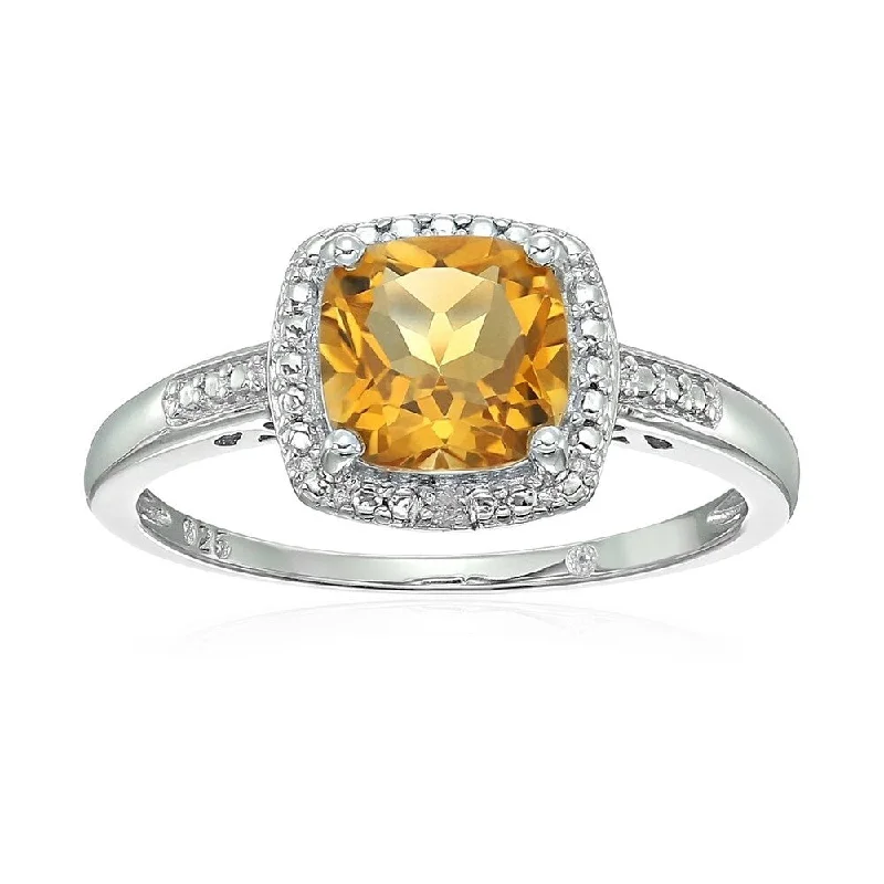 Women’s band ring-Sterling Silver Cushion Citrine and Diamond Ring - Yellow