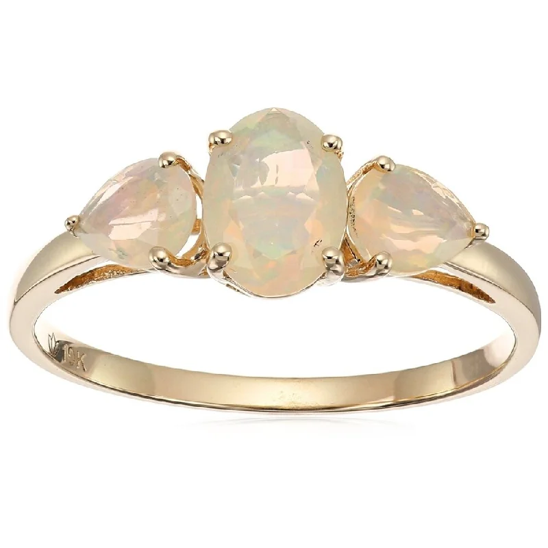 Women’s wedding ring with diamonds-10k Yellow Gold Ethiopian Opal Oval and Pear 3-Stone Ring, Size 7 - White