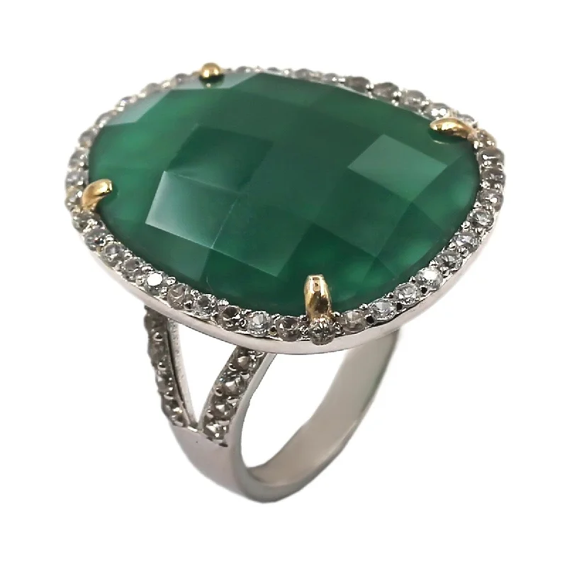 Women’s double band ring-14k Gold and Sterling Silver Green Agate and Zircon Ring