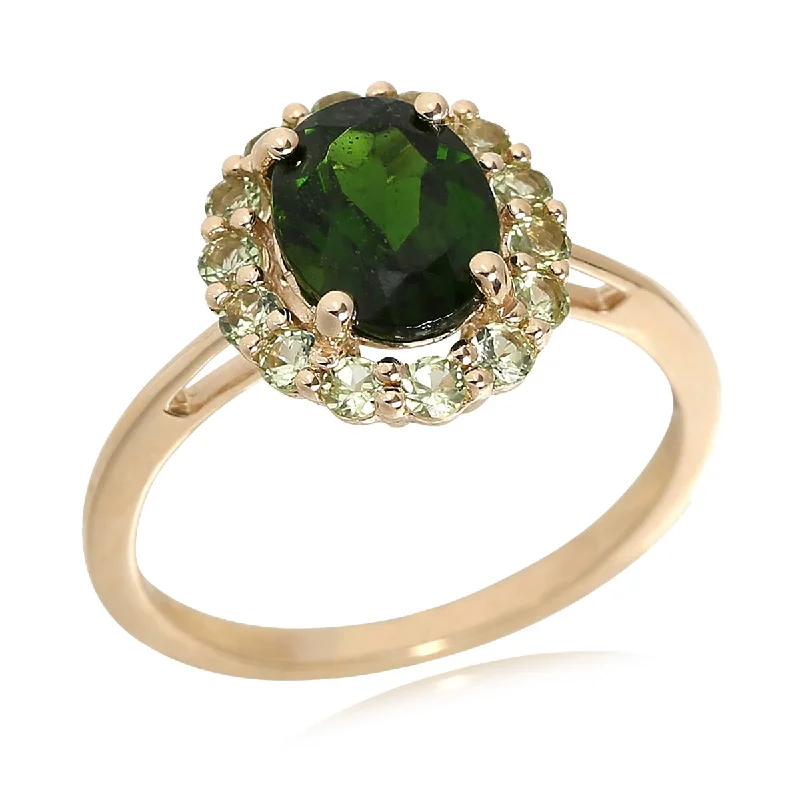 Women’s halo diamond ring-14Kt Gold Peridot and Chrome Diopside Gemstone Halo Ring