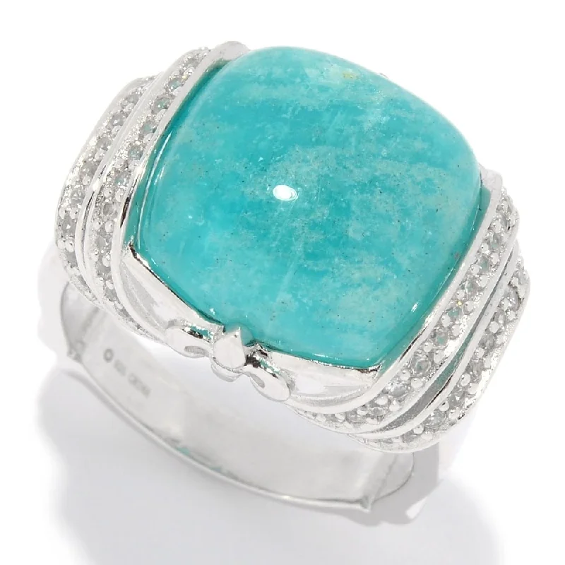 Women’s custom-made engagement ring-Sterling Silver 14mm Cushion Shaped Amazonite & White Zircon Ring