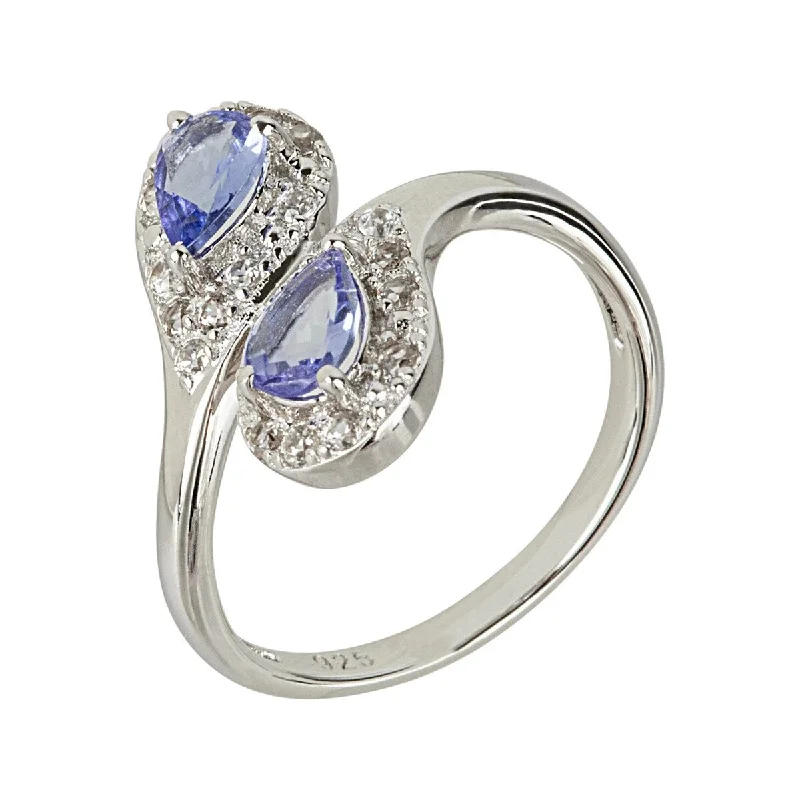 Women’s family ring-925 Sterling Silver Tanzanite and White Natural Zircon Bypass Ring