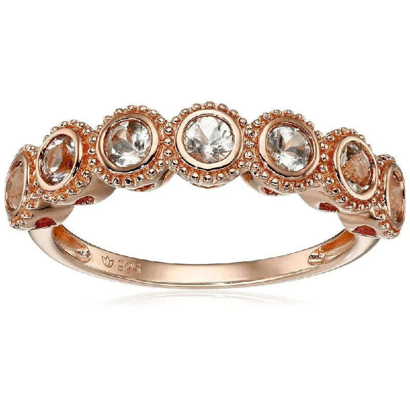 Women’s gold engagement ring-Rose Gold-Plated Silver Morganite Round 7-Stone Band Stackable Ring, Size 7