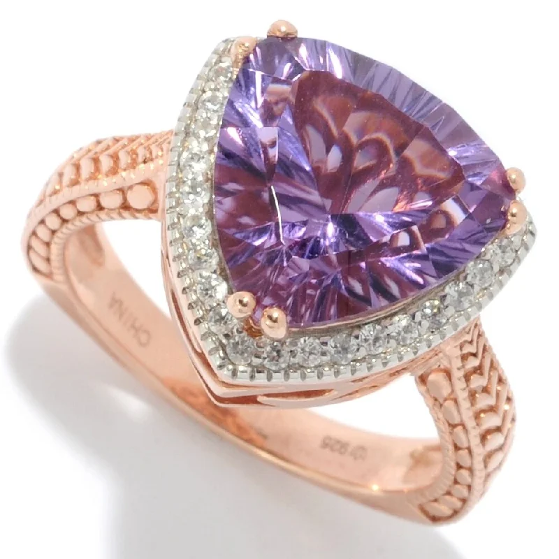 Women’s sparkling ring-Trillion Shaped Pink Amethyst & White Zircon Halo Ring