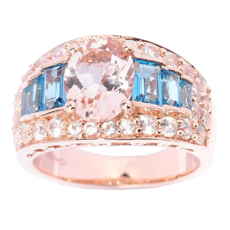 Women’s gold engagement ring-14k Rose Gold 3 7/8ct TGW Morganite, Blue Topaz and Cubic Zirconia Multi-level Ring