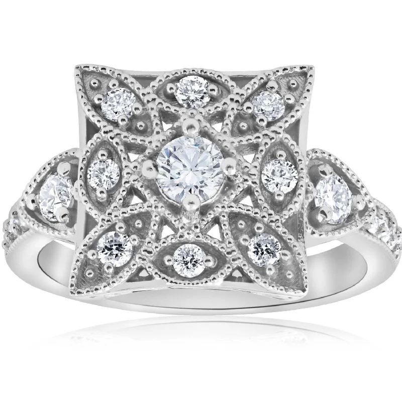 Women’s princess cut ring-1/2ct Vintage Diamond Ring Square Framed Filigree Band White Gold