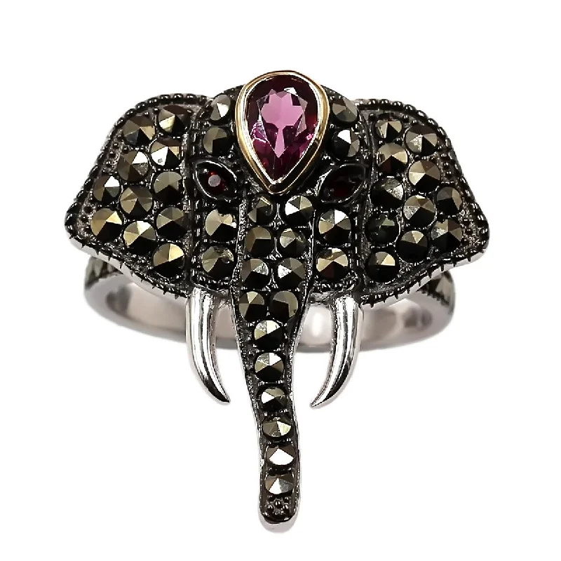 Women’s vintage-inspired ring-14k Gold and Sterling Silver Red Garnet and Marcasite Ring