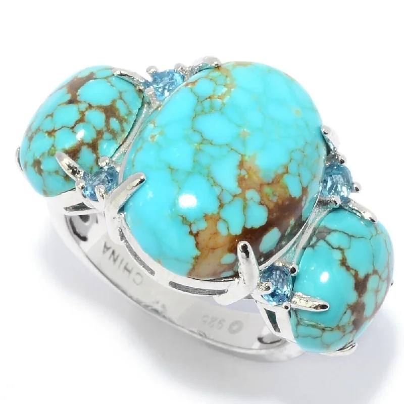 Women’s silver wedding ring-Sterling Silver 16 x 12mm Mine #8 Turquoise & Topaz 3-Stone Ring