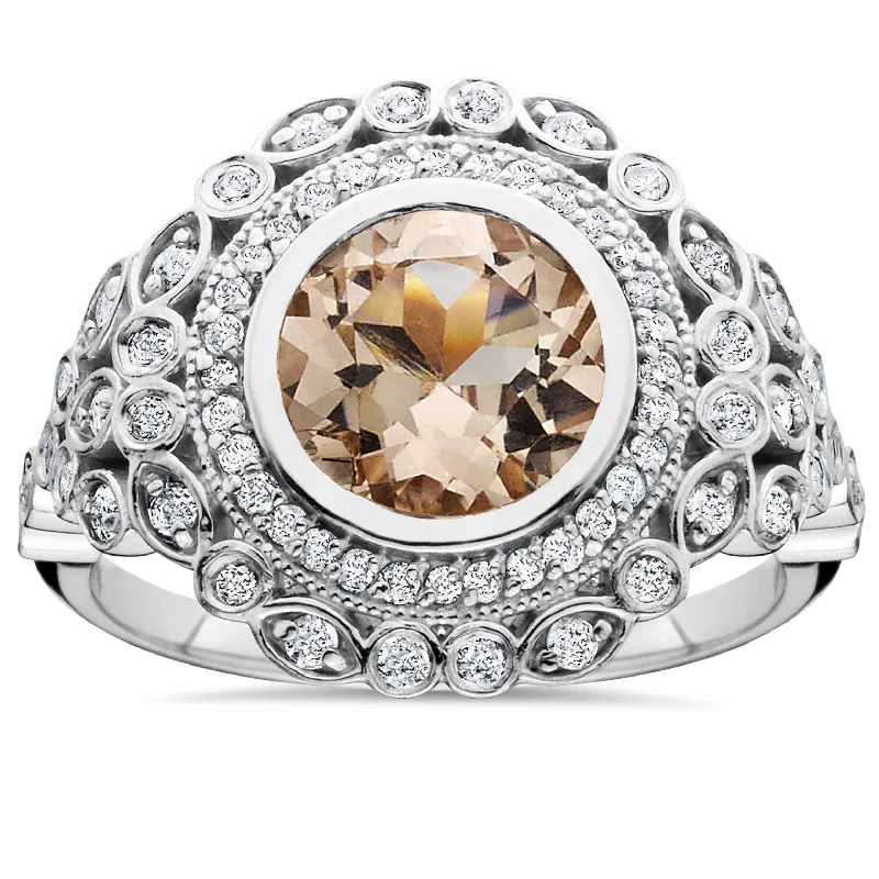 Women’s silver gemstone ring-2 1/3ct Morganite & Diamond Vintage Halo Ring White Gold