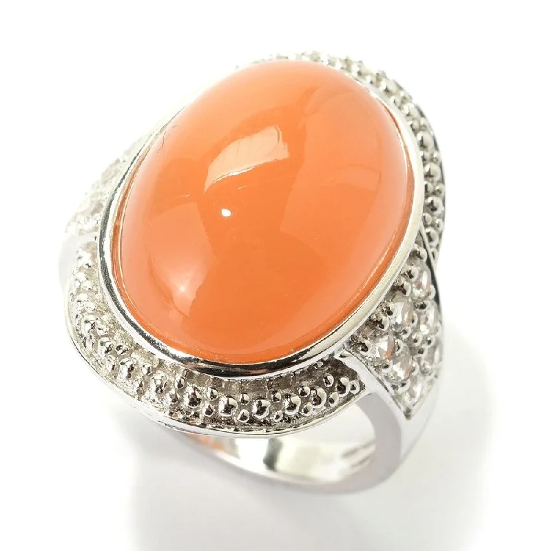 Women’s luxurious ring-Sterling Silver Oval Peach Moonstone and White Topaz Ring