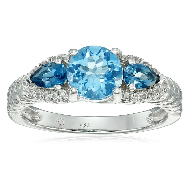 Women’s minimalist ring-925 Sterling Silver London Blue Topaz and Swiss Blue Topaz 3-Stone Ring