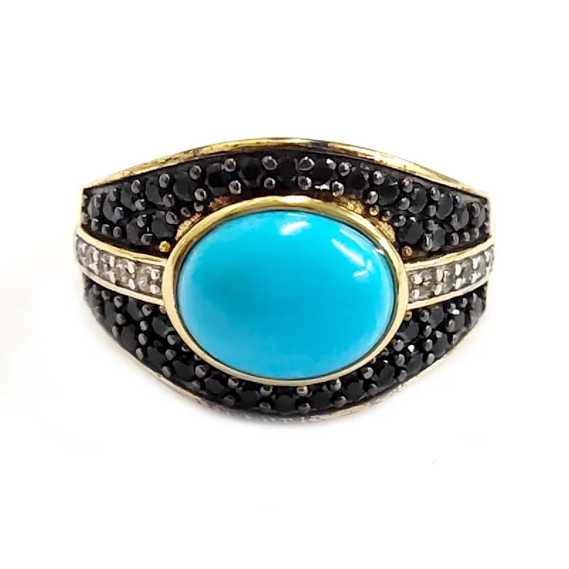 Women’s double ring-925 Sterling Silver Sleeping Beauty Turquoise and Black Spinel Gemstone Solitaire Ring