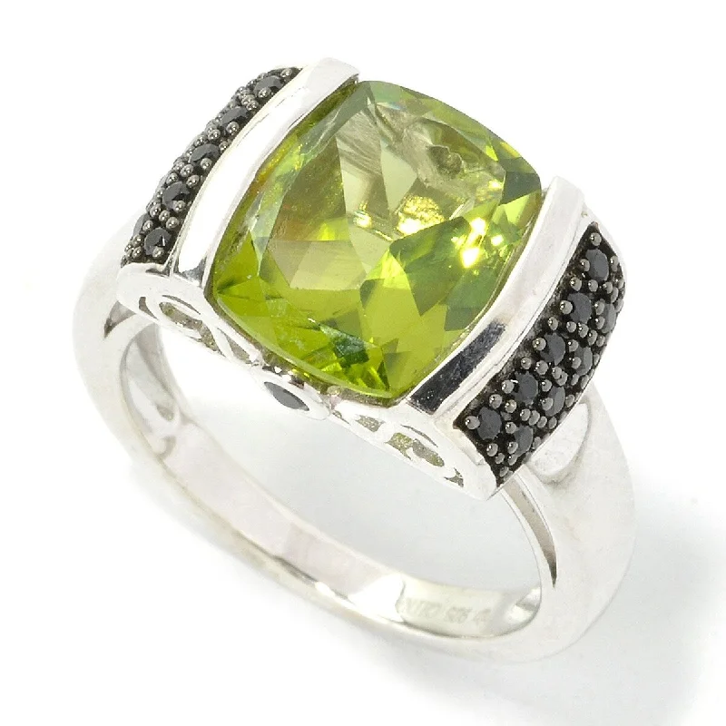 Women’s custom ring-Sterling Silver 3.85Ctw 9Mm Cushion Peridot & Black Spinel Ring