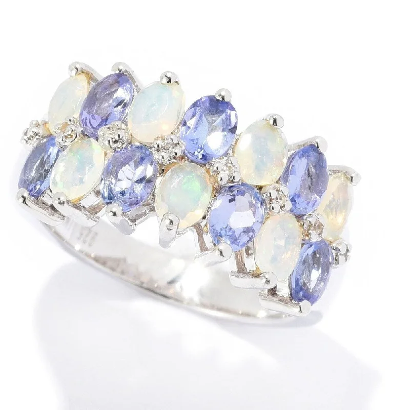 Women’s wedding ring-Sterling Silver Ethiopian Opal, Tanzanite & White Zircon Band Ring