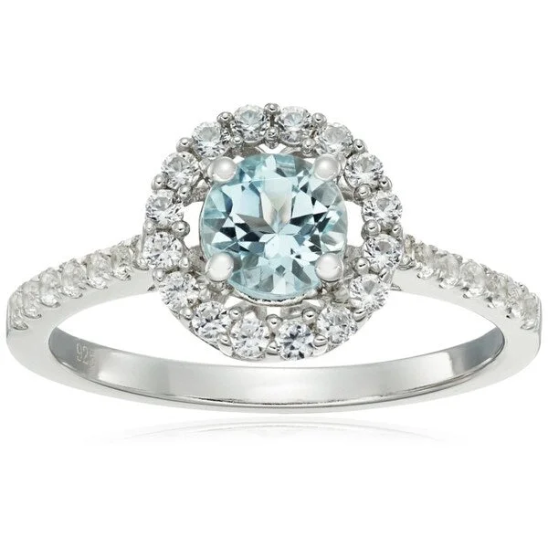 Women’s gemstone ring-Sterling Silver Aquamarine and Created White Sapphire Solitaire Ring - Blue