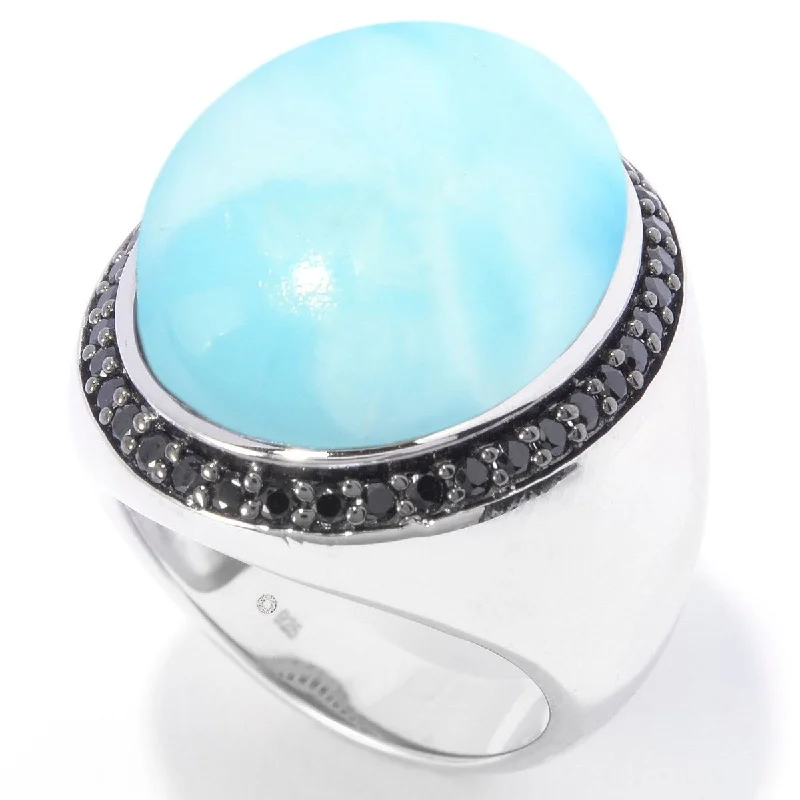 Women’s vintage engagement ring-925 Sterling Silver Larimar and Black Spinel Ring