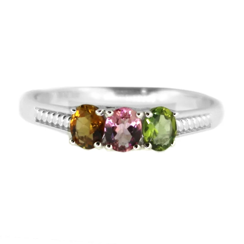 Women’s birthstone ring-925 Sterling Silver Mutli Color Tourmaline 3-Stone Ring