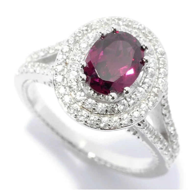 Women’s fine diamond ring-Sterling Silver Rhodolite & White Zircon Double Halo Ring