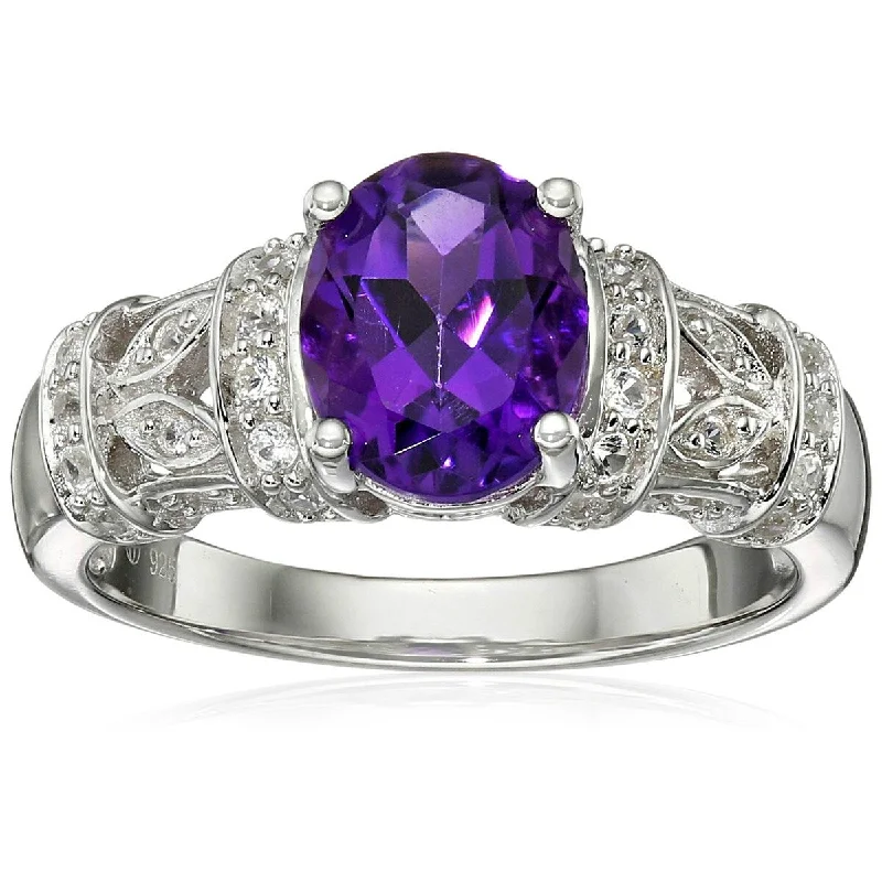 Women’s vintage engagement ring-925 Sterling Silver African Amethyst and Created White Sapphire Ring