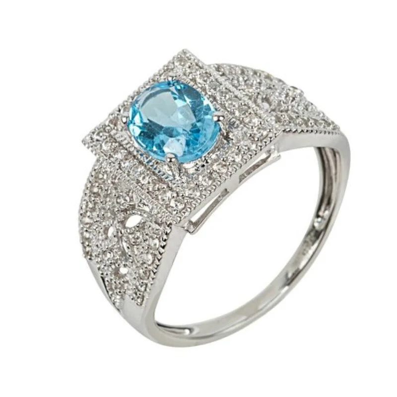 Women’s platinum wedding band-925 Sterling Silver Swiss Blue Topaz and White Natural Zircon Ring