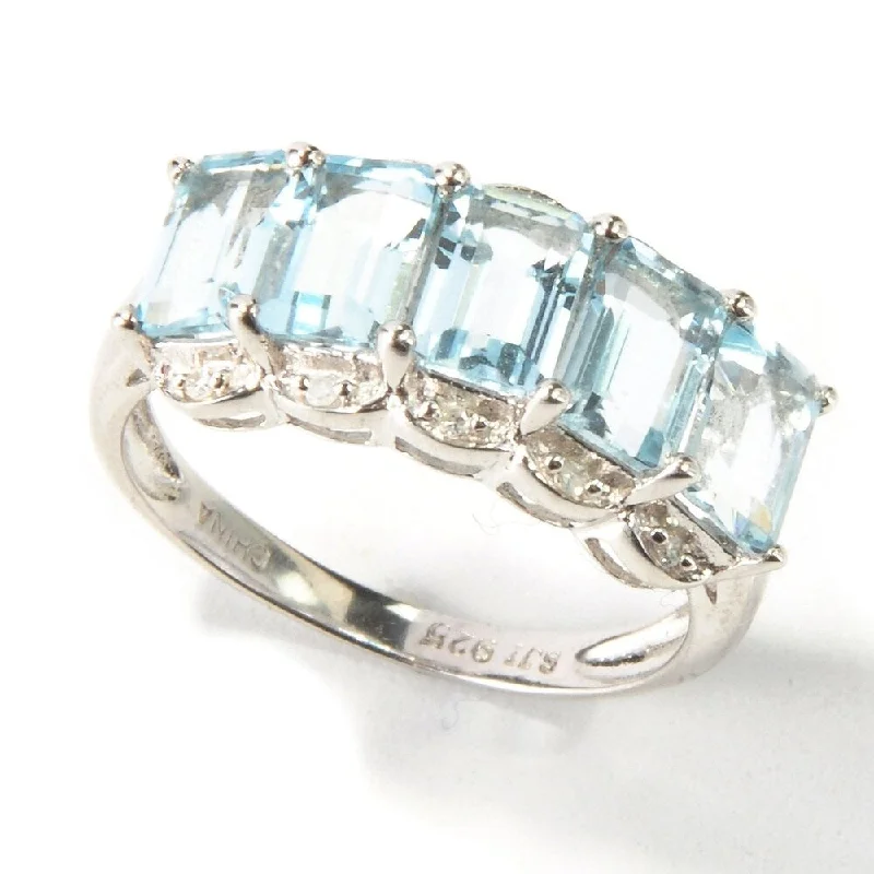 Women’s stacking rings-Sterling Silver Aquamarine & Diamond Ring - Blue