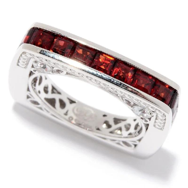 Women’s sterling silver ring-Sterling Silver Red Garnet & White Zircon Square Band Ring