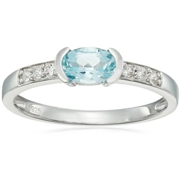 Women’s handmade ring-Sterling Silver Aquamarine & Natural White Zircon Ring - Blue