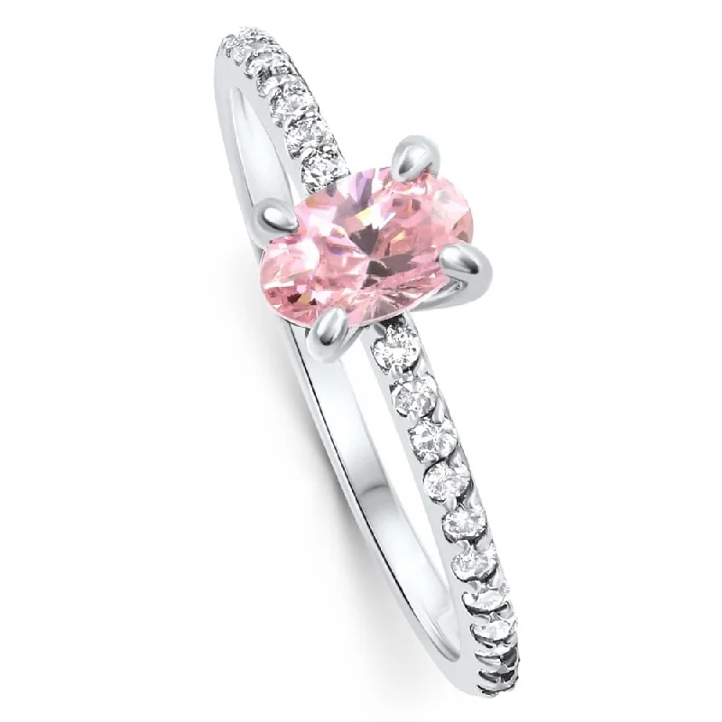 Women’s engagement band-1Ct Accent Side Diamond & Oval Pink Topaz Ring Gold Lab Grown