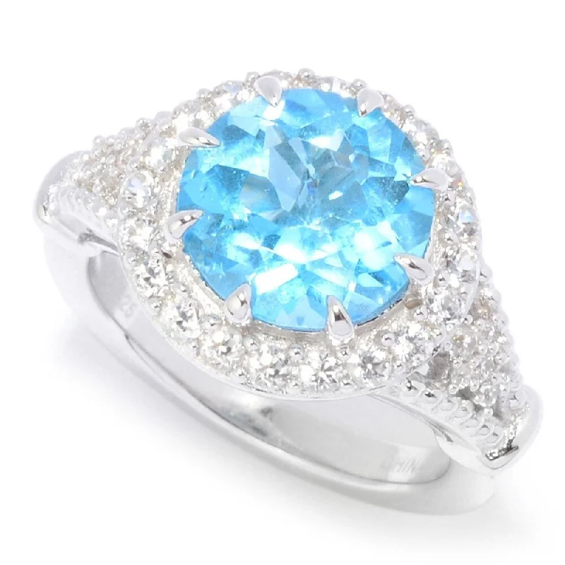 Women’s sapphire ring-Sterling Silver 10mm Round Blue Topaz & White Zircon Halo Ring