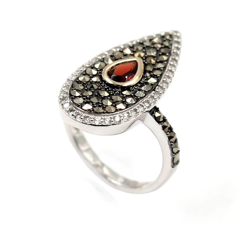 Women’s trendy ring-14k Gold and Sterling Silver Red Garnet and Marcasite Ring