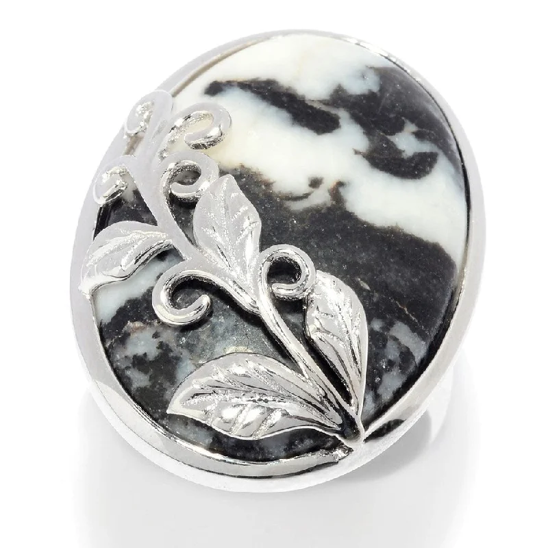 Women’s stackable ring-Sterling Silver Oval White Buffalo Calcite Quartz Leaf Overlay Ring