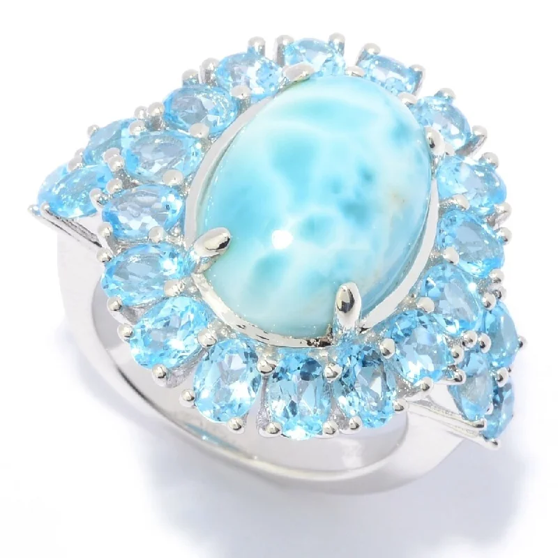 Women’s statement ring-Sterling Silver 14 x 10mm Larimar & Blue Topaz Halo Ring