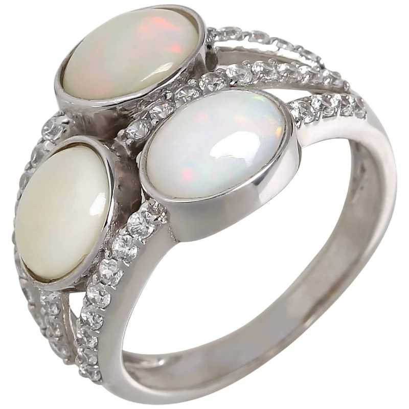 Women’s simple gold ring-925 Sterling Silver Ethiopian Opal and White Natural Zircon 3-Stone Ring