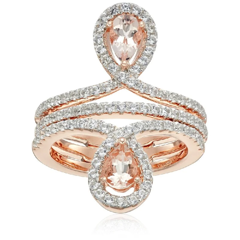 Women’s heart-shaped diamond ring-Gold-plated Silver Morganite Created Sapphire Inverted pair Ring, Sz 7 - Pink