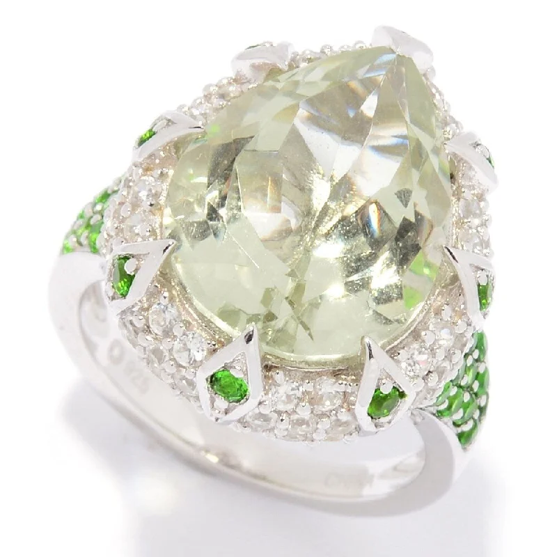 Women’s adjustable band ring-Sterling Silver Pear Cut Chrome Diopside & White Zircon Ring