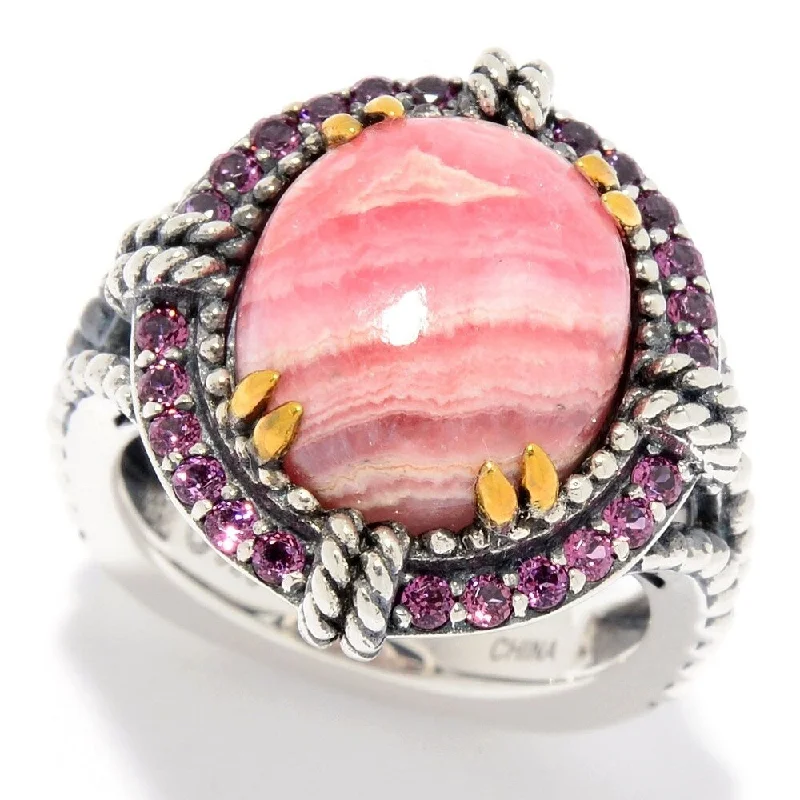 Women’s adjustable band ring-Sterling Silver Rhodochrosite & Rhodolite Garnet Halo Ring