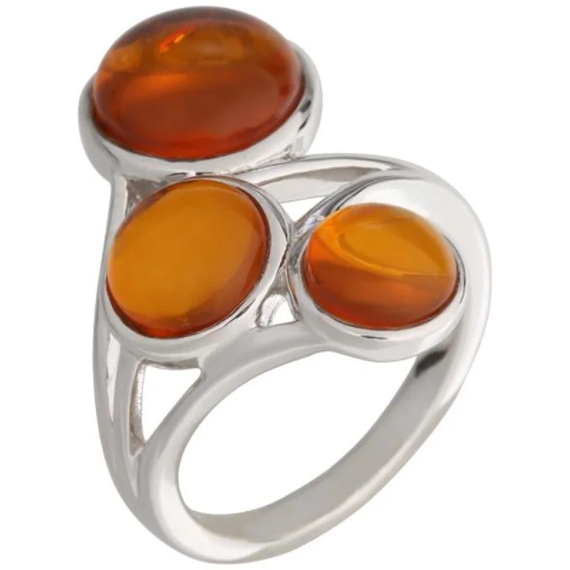 Women’s floral ring-925 Sterling Silver Baltic Amber 3-Stone Ring