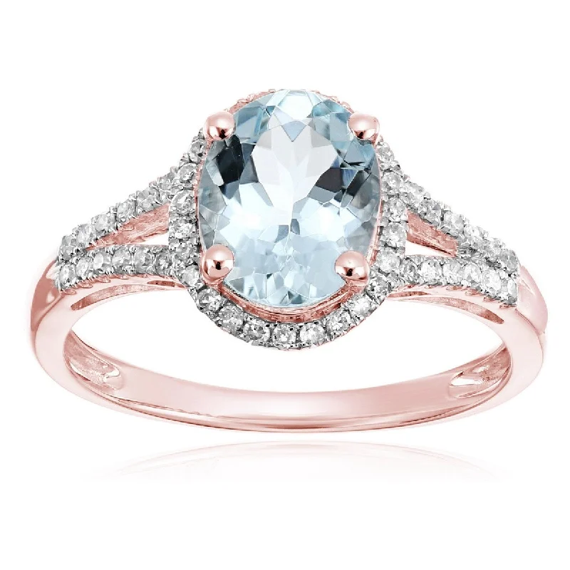 Women’s gold engagement ring-10Kt Rose Gold Aquamarine and Diamond Ring