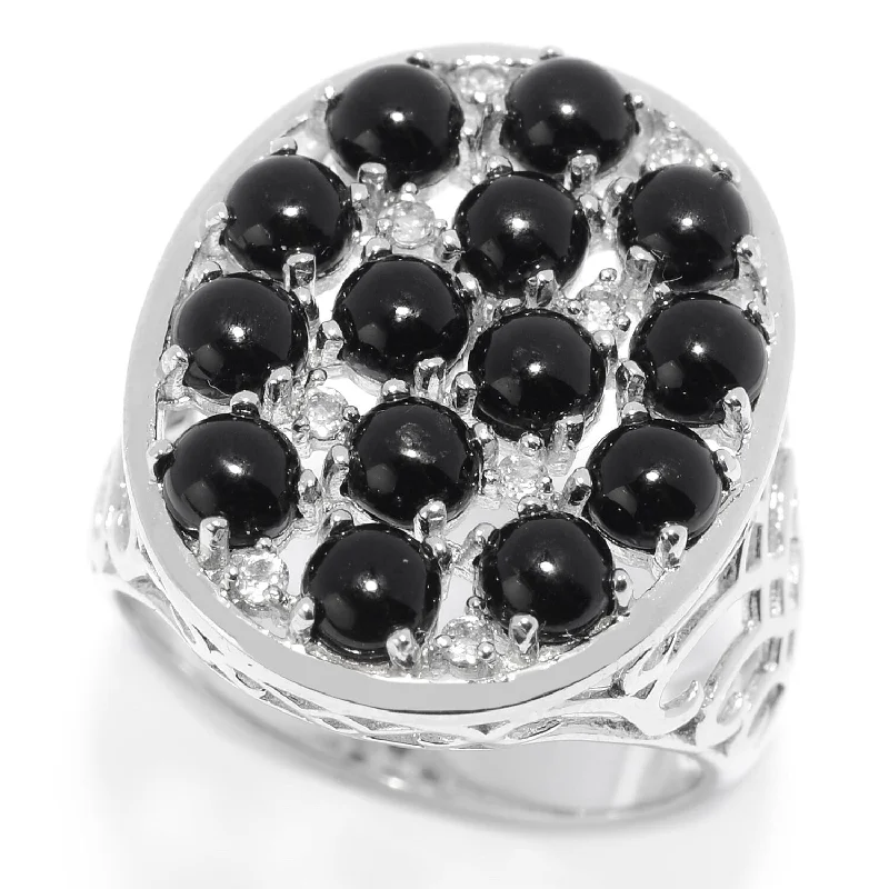 Women’s birthstone ring-Sterling Silver Black Onyx & White Topaz Oval Shaped Ring