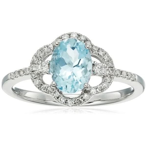 Women’s double band ring-10k White Gold Oval Aquamarine, Diamond Solitaire Ring, Size 7 - Blue