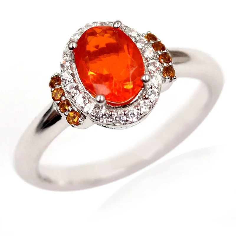 Women’s silver ring-925 Sterling Silver Madeira Orange Opal and White Natural Zircon Ring