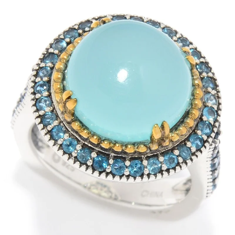 Women’s double band ring-Sterling Silver 7.20ctw Aqua Chalcedony & London Blue Topaz Halo Ring