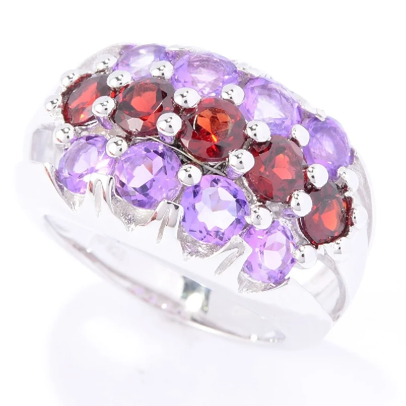 Women’s promise ring-Ss/ Brilliant Cut Round 2.67Ctw Garnet & Amethyst Three-Row Cluster Ring