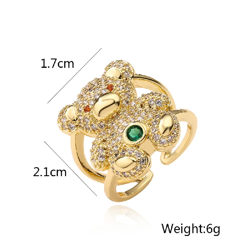 Women’s modern engagement ring-Cute Simple Style Little Bear Copper Plating Inlay Zircon 18k Gold Plated Open Rings