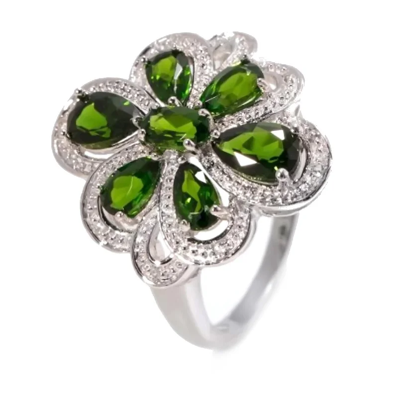 Women’s chunky ring-925 Sterling Silver Chrome Diopside and Diamond Gemstone Flower Ring