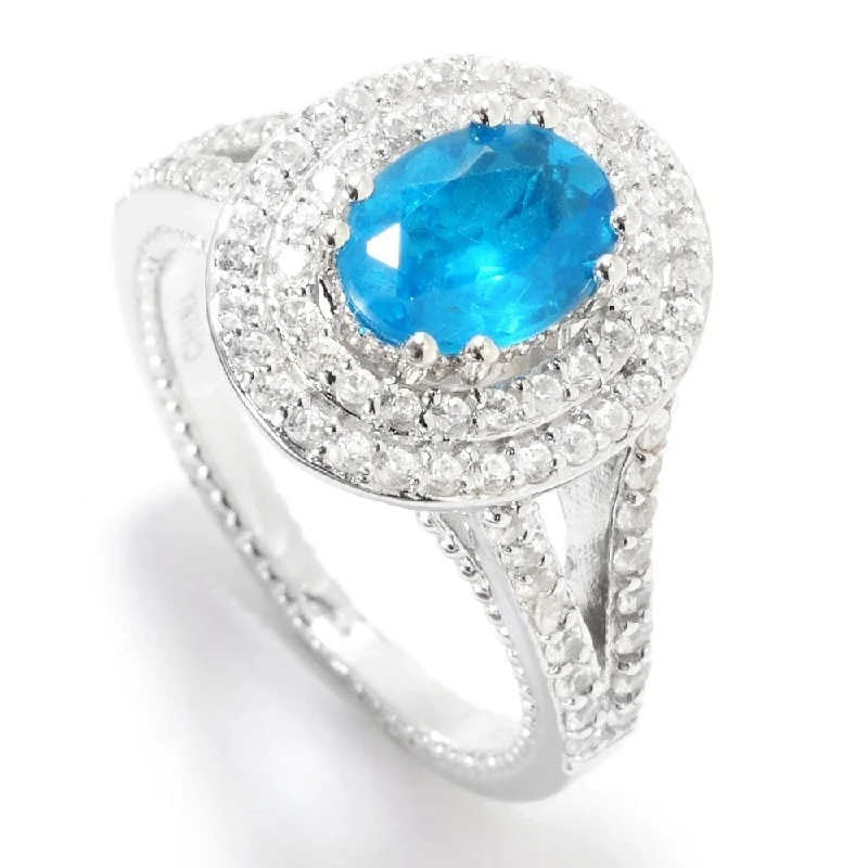 Women’s platinum ring-Sterling Silver Neon Apatite & White Zircon Double Halo Ring