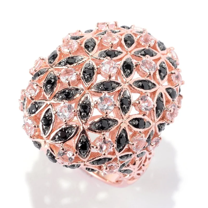 Women’s silver ring-18K Rose Vermeil 3.5Ctw Morganite & Black Spinel Flower Dome Ring Size - 6