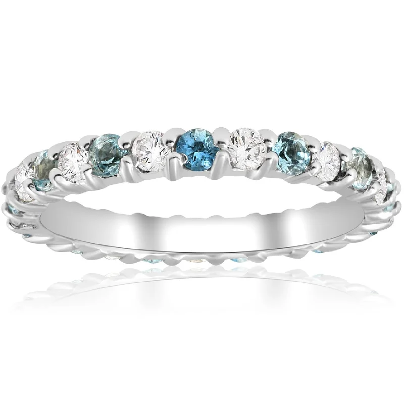 Women’s silver ring-1ct Diamond & Aquamarine Eternity Ring Common Prong White Gold Stackable