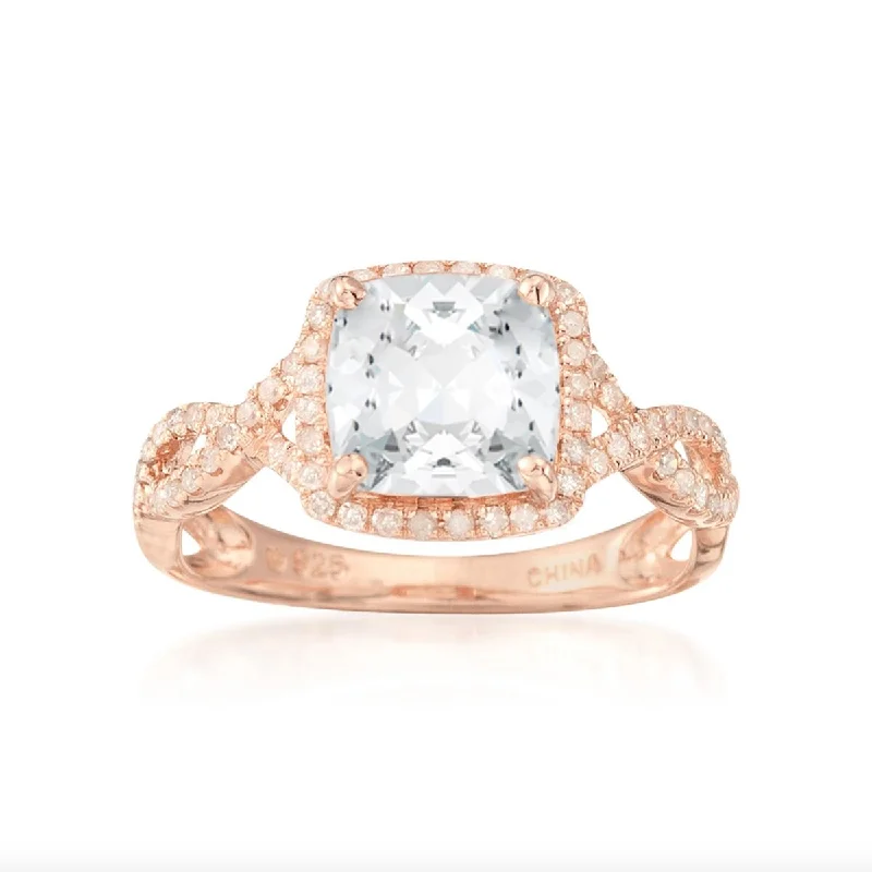 Women’s simple gold ring-Rose Gold Plated Over Sterling Silver Crystal and White Topaz Solitaire Ring