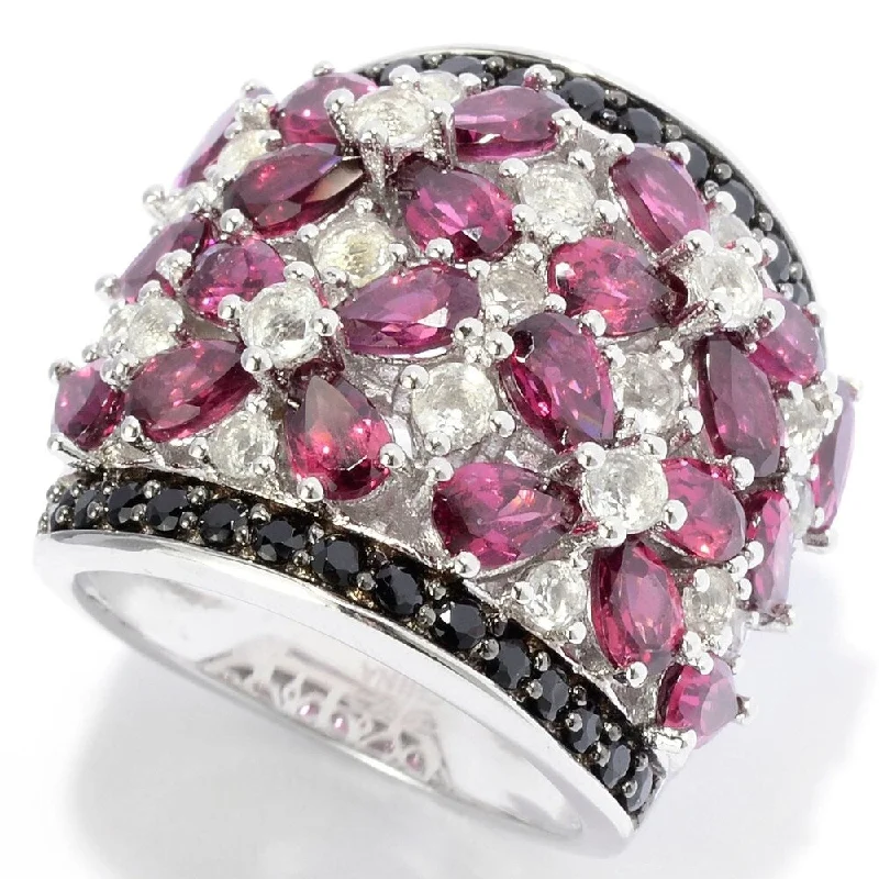 Women’s wedding set ring-Sterling Silver Exotic Rhodolite, White Topaz & Black Spinel Ring